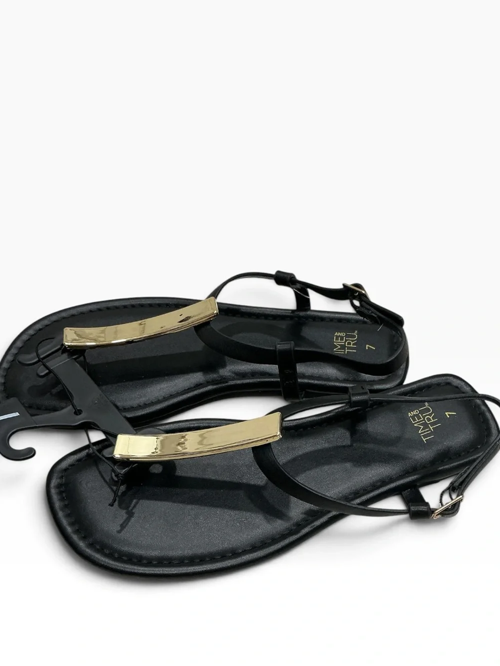 Time and Tru Women’s T-Strap Thong Sandals Black Gold Hardware Size 7